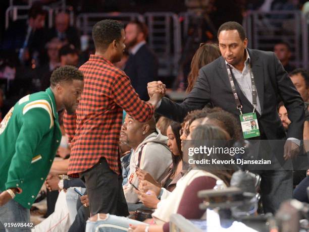 Kevin Hart, Chris Rock and Stephen A. Smith attend the 2018 JBL Three-Point Contest at Staples Center on February 17, 2018 in Los Angeles, California.