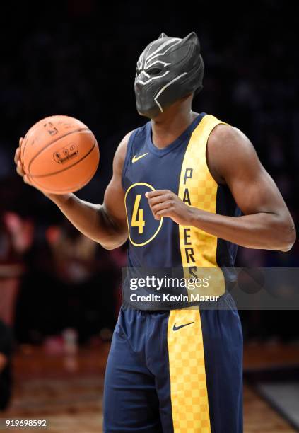 Player Victor Oladipo of the Indiana Pacers, wearing Marvel's Black Panther mask from Chadwick Boseman, during the 2018 State Farm All-Star Saturday...