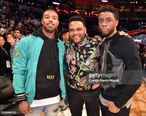 Michael B. Jordan, Anthony Anderson and Chadwick Boseman attend the 2018 State Farm All-Star Saturday Night at Staples Center on February 17, 2018 in...
