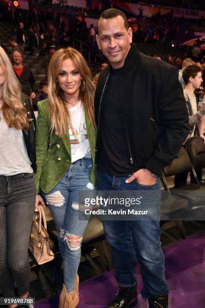 Jennifer Lopez and Alex Rodriguez attend the 2018 State Farm All-Star Saturday Night at Staples Center on February 17, 2018 in Los Angeles,...