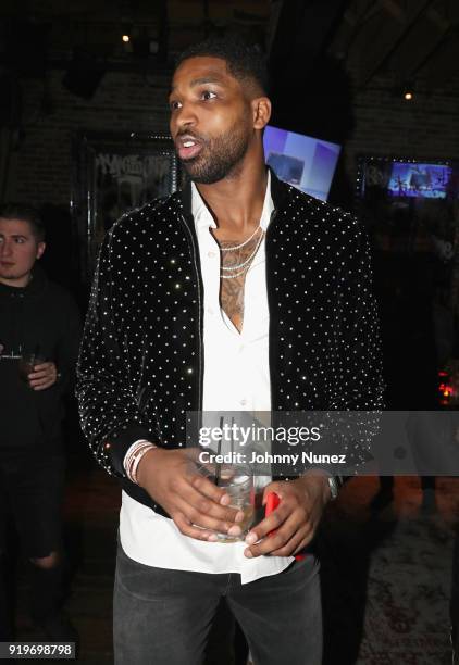Tristan Thompson attends Remy Martin Viewing Party at Luchini Pizzeria and Bar on February 17, 2018 in Los Angeles, California.