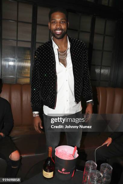 Tristan Thompson attends Remy Martin Viewing Party at Luchini Pizzeria and Bar on February 17, 2018 in Los Angeles, California.