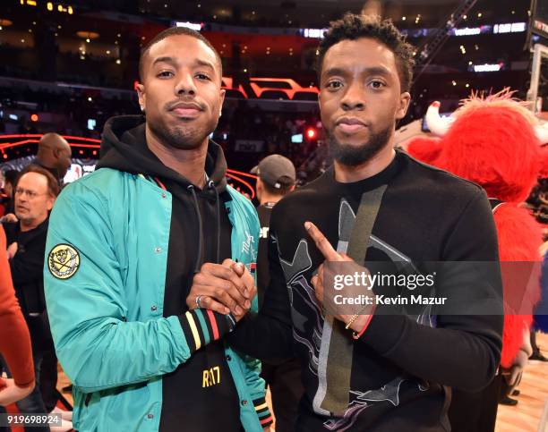 Michael B. Jordan and Chadwick Boseman attend the 2018 State Farm All-Star Saturday Night at Staples Center on February 17, 2018 in Los Angeles,...