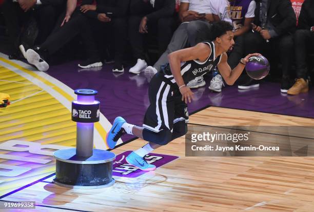 Spencer Dinwiddie of the Brooklyn Nets competes in the 2018 Taco Bell Skills Challenge at Staples Center on February 17, 2018 in Los Angeles,...