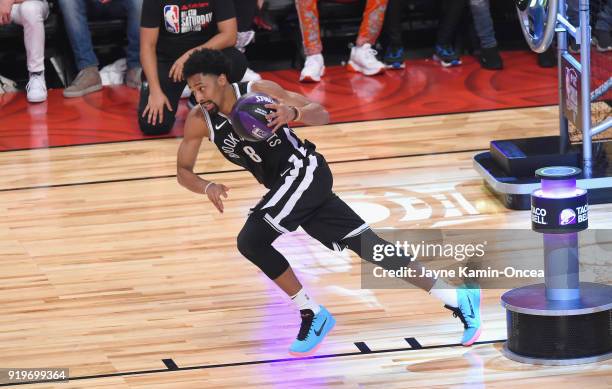 Spencer Dinwiddie of the Brooklyn Nets competes in the 2018 Taco Bell Skills Challenge at Staples Center on February 17, 2018 in Los Angeles,...