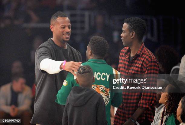 Marlon Wayans, Kevin Hart and Chris Rock attend the 2018 JBL Three-Point Contest at Staples Center on February 17, 2018 in Los Angeles, California.