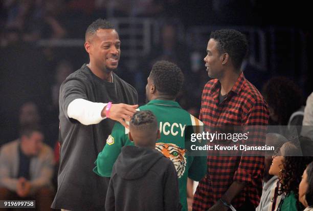 Marlon Wayans, Kevin Hart and Chris Rock attend the 2018 JBL Three-Point Contest at Staples Center on February 17, 2018 in Los Angeles, California.