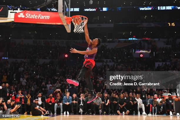 Donovan Mitchell of the Utah Jazz dunks the ball during the Verizon Slam Dunk Contest during State Farm All-Star Saturday Night as part of the 2018...