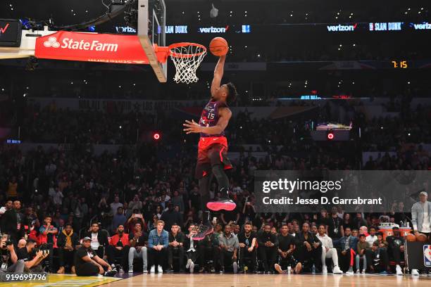 Donovan Mitchell of the Utah Jazz dunks the ball during the Verizon Slam Dunk Contest during State Farm All-Star Saturday Night as part of the 2018...