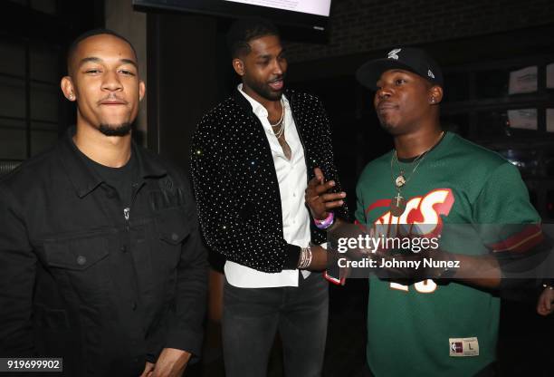 Peyton Smith, Tristan Thompson and Kris Lofton attend Remy Martin Viewing Party At Luchini Pizzeria And Bar on February 17, 2018 in Los Angeles,...