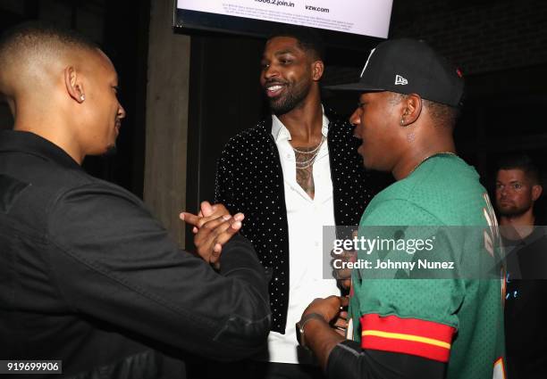 Peyton Smith, Tristan Thompson and Kris Lofton attend Remy Martin Viewing Party At Luchini Pizzeria And Bar on February 17, 2018 in Los Angeles,...