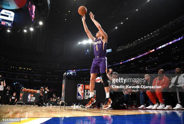 Devin Booker of the Phoenix Suns competes in the 2018 JBL Three-Point Contest at Staples Center on February 17, 2018 in Los Angeles, California.