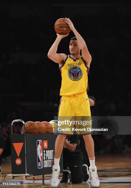 Klay Thompson of the Golden State Warriors competes in the 2018 JBL Three-Point Contest at Staples Center on February 17, 2018 in Los Angeles,...