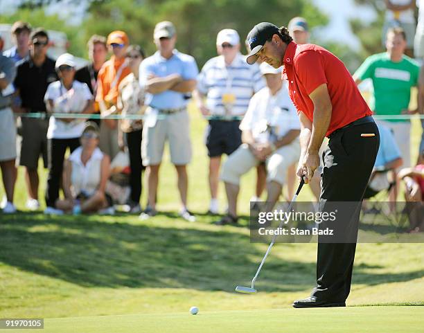 Scott Piercy hits his putt during the third round of the Justin Timberlake Shriners Hospitals for Children Open held at TPC Summerlin on October 17,...