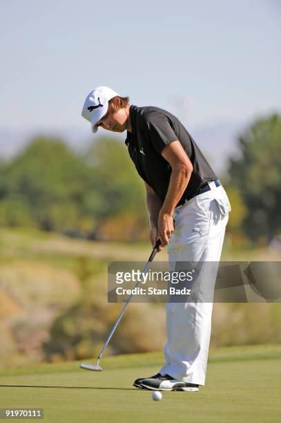Rickie Fowler hits his putt during the third round of the Justin Timberlake Shriners Hospitals for Children Open held at TPC Summerlin on October 17,...