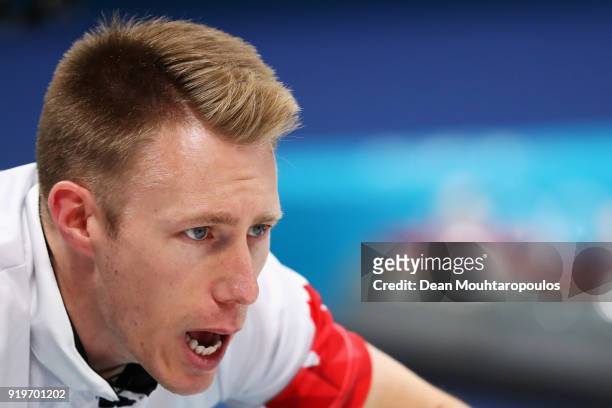 Marc Kennedy of Canada gives instructions to a team member during the Curling round robin session 7 on day nine of the PyeongChang 2018 Winter...