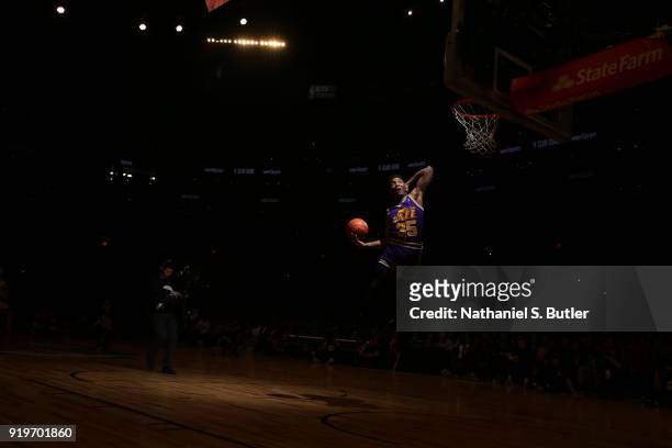 Donovan Mitchell of the Utah Jazz dunks the ball during the Verizon Slam Dunk Contest during State Farm All-Star Saturday Night as part of the 2018...