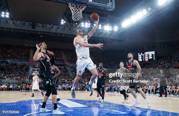 Nicholas Kay of the Hawks drives to the basket during the round 19 NBL match between Melbourne United and the Illawarra Hawks at Hisense Arena on...