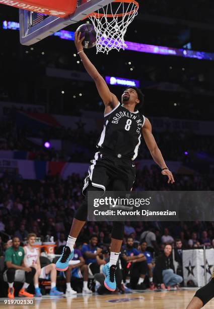 Spencer Dinwiddie of the Brooklyn Nets competes in the 2018 Taco Bell Skills Challenge at Staples Center on February 17, 2018 in Los Angeles,...