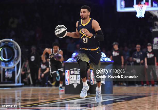 Jamal Murray of the Denver Nuggets competes in the 2018 Taco Bell Skills Challenge at Staples Center on February 17, 2018 in Los Angeles, California.