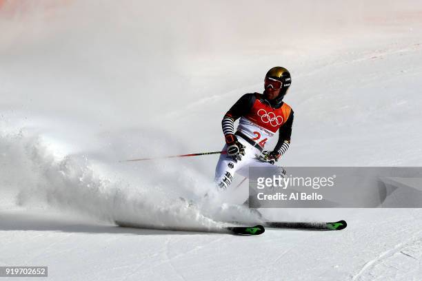 Fritz Dopfer of Germany finishes during the Alpine Skiing Men's Giant Slalom on day nine of the PyeongChang 2018 Winter Olympic Games at Yongpyong...