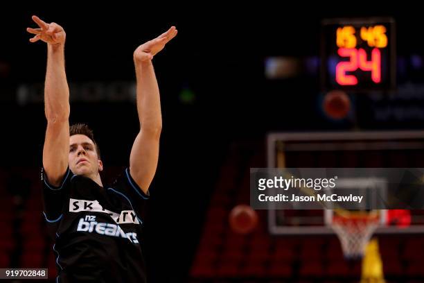 Tom Abercrombie of the Breakers warms up prior to the round 19 NBL match between the Sydney Kings and the New Zealand Breakers at Qudos Bank Arena on...