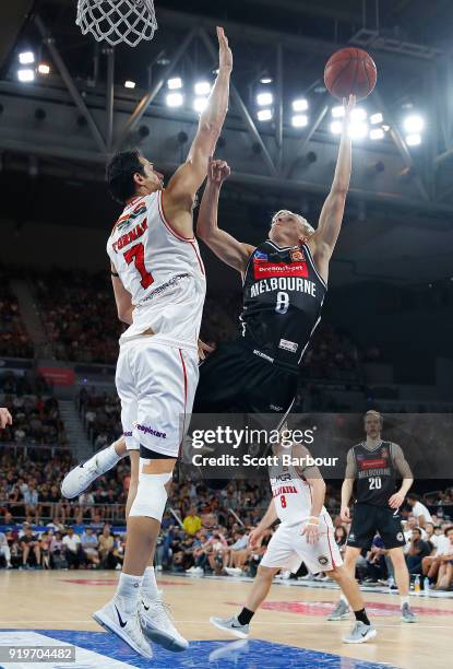 Kyle Adnam of Melbourne United drives to the basket during the round 19 NBL match between Melbourne United and the Illawarra Hawks at Hisense Arena...