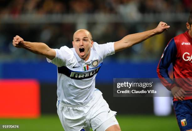 Esteban Cambiasso of FC Internazionale Milano celebrates after the first goal during the Serie A match between Genoa CFC and FC Internazionale Milano...