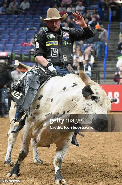 Guilherme Marchi rides the bull Pendleton during round one of the Professional Bull Riders St. Louis Invitational on February 17 at Scottrade Center,...
