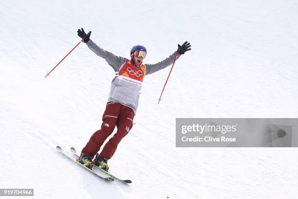 Nick Goepper of the United States celebrates after his final run during the Freestyle Skiing Men's Ski Slopestyle Final on day nine of the...