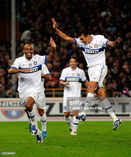 Maicon and Lucio of FC Internazionale Milano celebrate during the Serie A match between Genoa CFC and FC Internazionale Milano at Stadio Luigi...
