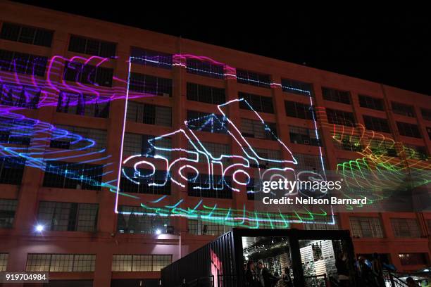 View of adidas logo at adidas Creates 747 Warehouse St. - an event in basketball culture on February 17, 2018 in Los Angeles, California.