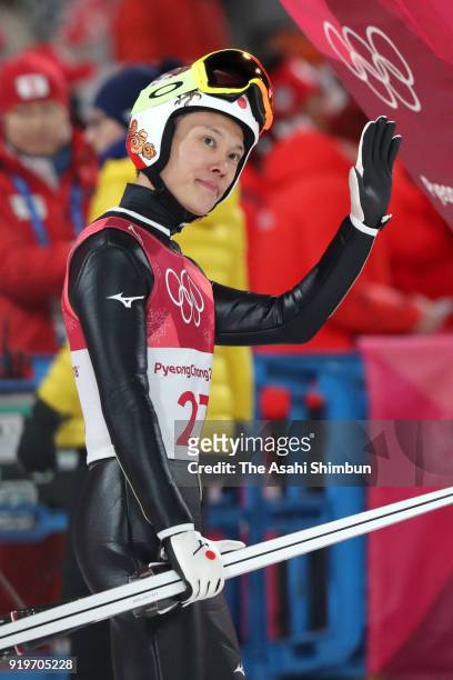 Taku Takeuchi of Japan reacts after competing in the second jump during the Ski Jumping - Men's Large Hill on day eight of the PyeongChang 2018...