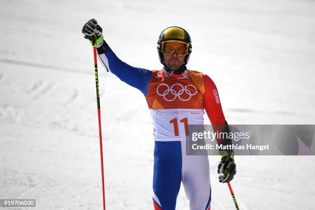 Thomas Fanara of France reacts at the finish during the Alpine Skiing Men's Giant Slalom on day nine of the PyeongChang 2018 Winter Olympic Games at...