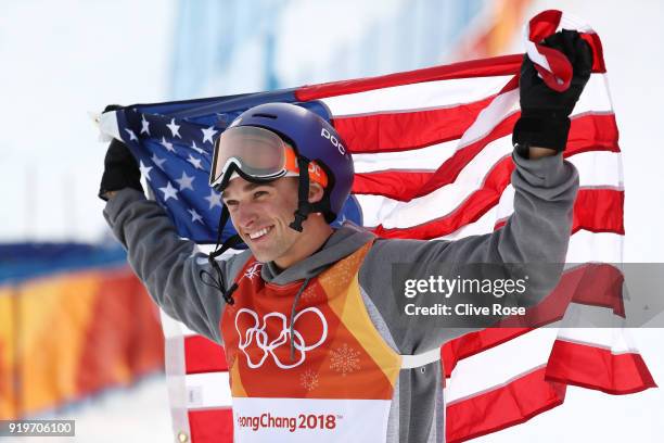 Silver medalist, Nick Goepper of the United States celebrates following the Freestyle Skiing Men's Ski Slopestyle Final on day nine of the...