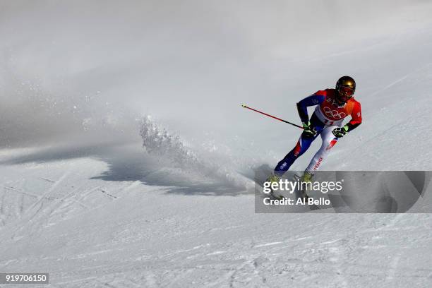 Thomas Fanara of France reacts at the finish during the Alpine Skiing Men's Giant Slalom on day nine of the PyeongChang 2018 Winter Olympic Games at...