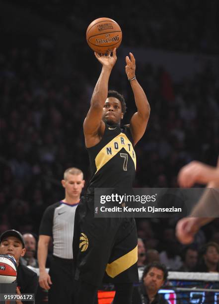 Kyle Lowry of the Toronto Raptors competes in the 2018 JBL Three-Point Contest at Staples Center on February 17, 2018 in Los Angeles, California.