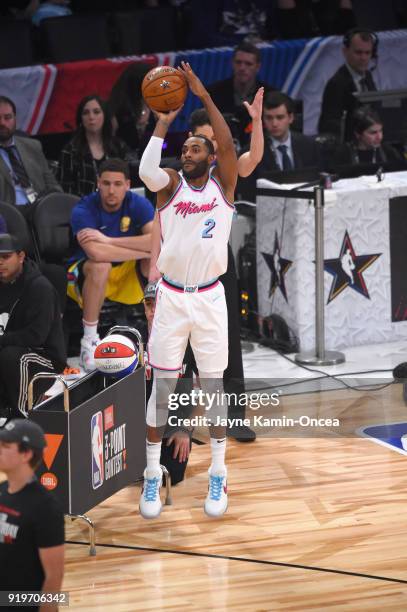Wayne Ellington of the Miami Heat competes in the 2018 JBL Three-Point Contest at Staples Center on February 17, 2018 in Los Angeles, California.