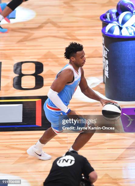 Buddy Hield of the Sacramento Kings competes in the 2018 Taco Bell Skills Challenge at Staples Center on February 17, 2018 in Los Angeles, California.