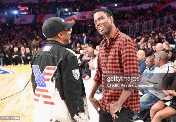 Spike Lee and Chris Rock attend the 2018 Taco Bell Skills Challenge at Staples Center on February 17, 2018 in Los Angeles, California.