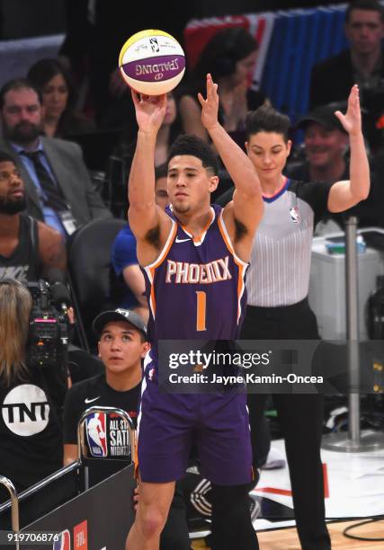 Devin Booker of the Phoenix Suns competes in the 2018 JBL Three-Point Contest at Staples Center on February 17, 2018 in Los Angeles, California.