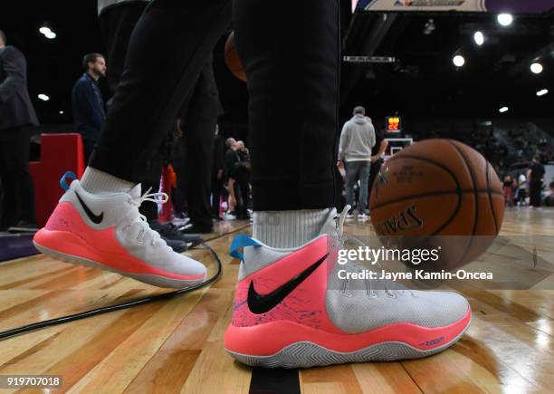 Basketball sneakers worn by Bradley Beal of Team LeBron during practice for the 2018 NBA All-Star game at the Verizon Up Arena at LACC on February...