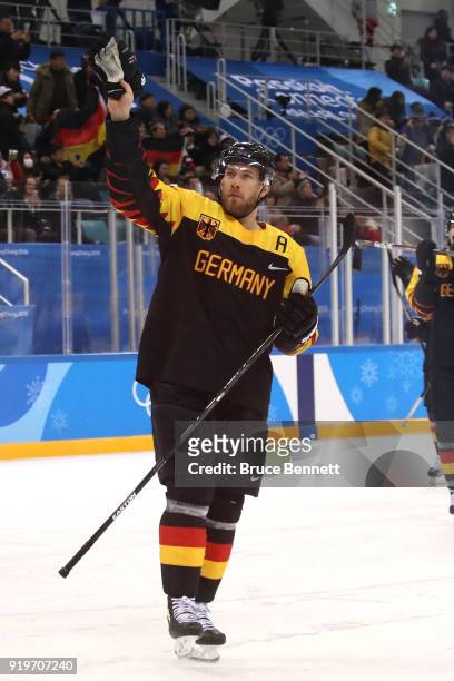 Marcus Kink of Germany celebrates after defeating Norway during the Men's Ice Hockey Preliminary Round Group B game on day nine of the PyeongChang...