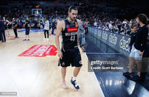 Chris Goulding of Melbourne United leaves the court injured during the round 19 NBL match between Melbourne United and the Illawarra Hawks at Hisense...