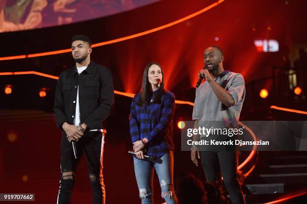 Karl Anthony-Towns, Sue Bird and Kemba Walker address the audience prior to the 2018 JBL Three-Point Contest at Staples Center on February 17, 2018...