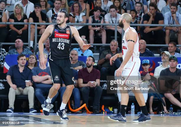 Chris Goulding of Melbourne United reacts after getting up after injuring his ankle during the round 19 NBL match between Melbourne United and the...