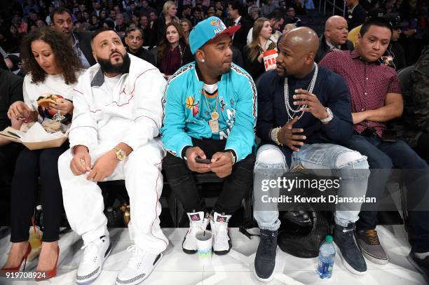 Khaled and Floyd Mayweather and guests attend the 2018 Taco Bell Skills Challenge at Staples Center on February 17, 2018 in Los Angeles, California.