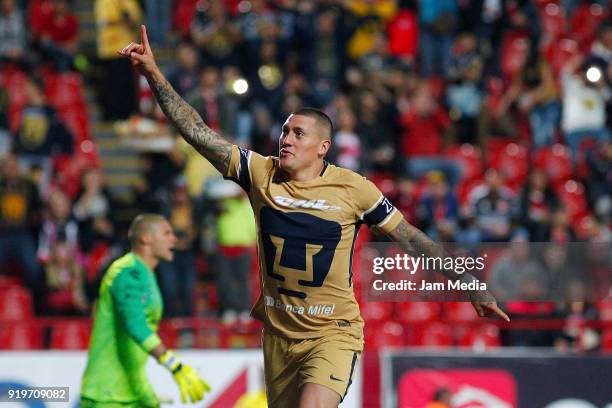 Nicolas Castillo of Pumas celebrates after scoring the first goal of his team during the 8th round match between Tijuana and Pumas UNAM as part of...