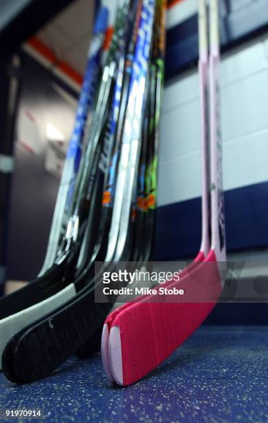 General view of the hockey stick with pink tape to honor Breast Cancer Awareness month prior to the New York Islanders against the San Jose Sharks on...