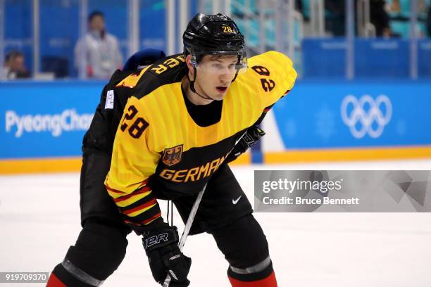 Frank Mauer of Germany looks on in the second period against Norway during the Men's Ice Hockey Preliminary Round Group B game on day nine of the...